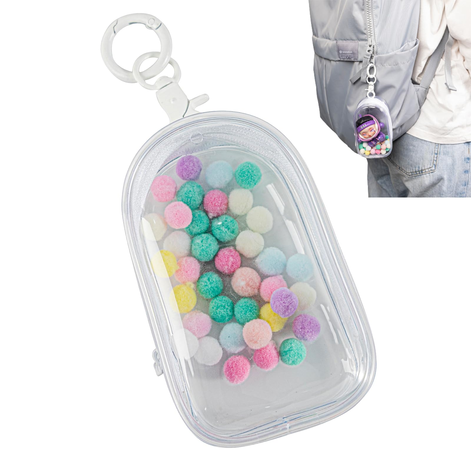 Photo 1 of Clear Figures Display Bag, Portable Figures Storage Bag with Keychain, Mini Doll Hanging Blind Box, Single Zipper Closure Dustproof Collectibles Case for Mini Figures, Dolls (White, Semicircle)