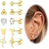Screw Back Earrings for Women,14K Gold Flat Back Stud Earrings Hypoallergenic Surgical Steel Small CZ Stud Heart Bar Bow Cartilage Earring Set for Tragus Helix Multiple Piercing