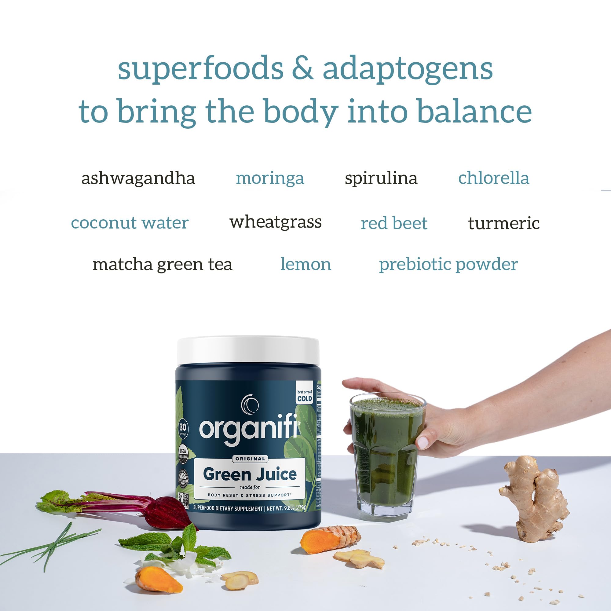 Organifi Green Juice - Powder Supplement with Organic Spirulina, Ashwagandha, and Chlorella - Helps Achieve Fitness Goals and Reduce Cortisol Levels, 30-Day Supply