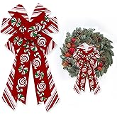 Glodecart Large Merry Christmas Bow for Wreath, Red Pink Candy Cane Wreath Bow for Christmas Décor Winter Bow for Front Door Indoor Outdoor Wall Tree Topper Decoration Supplies Xmas Hanging Ornament