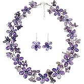 AeraVida Cultured Freshwater Purple Pearl and Simulated Purple Quartz Flower Jewelry Set | Handmade Sterling Silver Floral Necklace with Matching Dangle Earrings