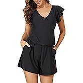 Smismivo Swim Romper with Built in Bra and Pockets Modest One Piece Swimsuit for Women Sleeve Boyleg Jumpsuit Bathing Suit