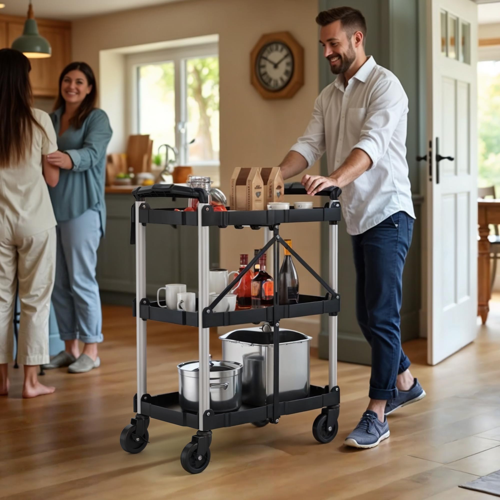 Photo 1 of YITAHOME Folding Utility Service Cart, 350LBS 3 Tier Foldable Cart with Wheels Collapsible Cart on Wheels with 360°Swivel Wheels (2 with Brakes), Portable Cart for Home Garage Restaurant Office