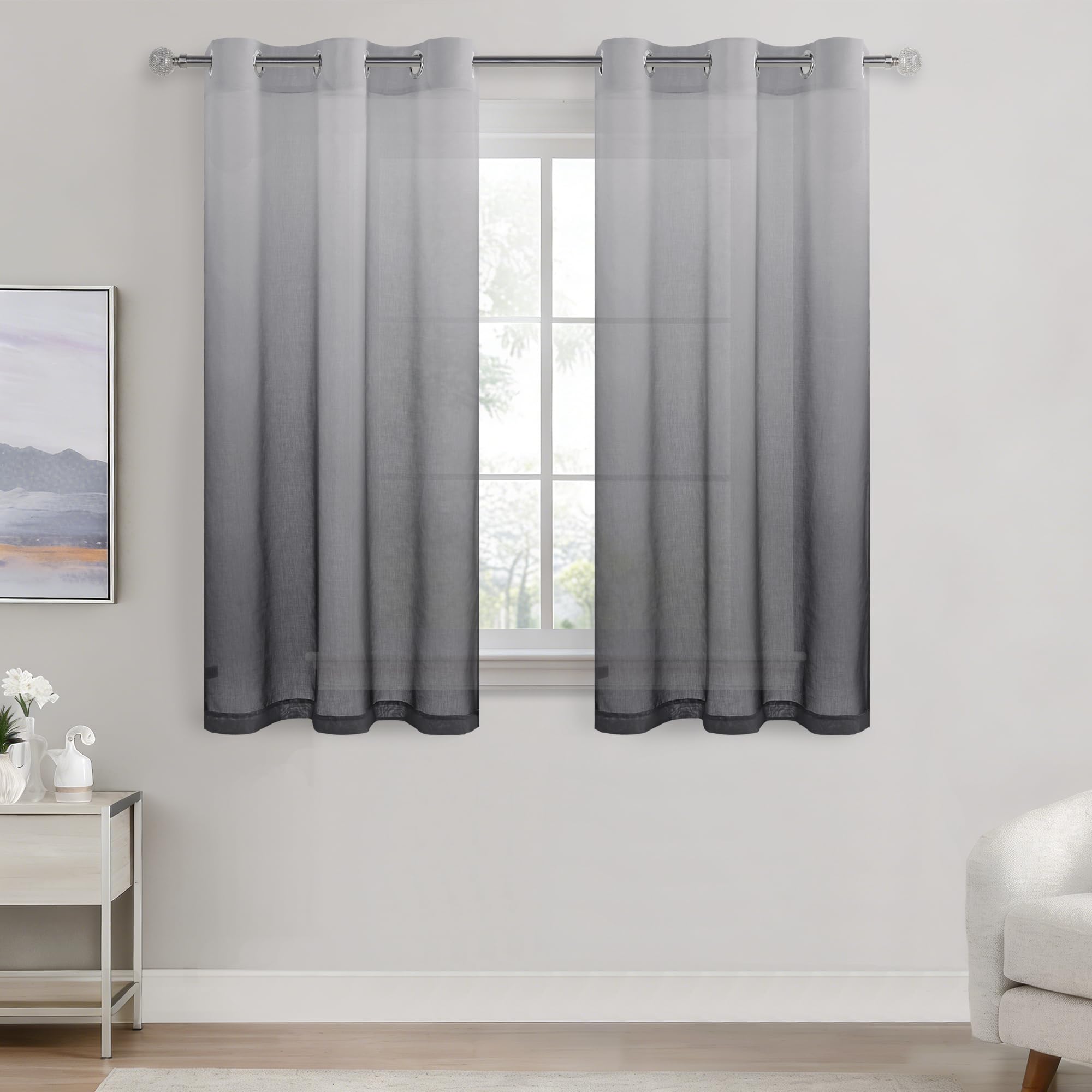 DWCN Voile Curtain Grey Gradient Curtains for Living Room Net Curtains for Windows Sheer Bedroom Crurtains Eyelet Set of 2, 46 x 54 Inches