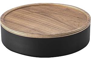 YAMAZAKI Home Rin Round Storage Case, Snacks, Toy, Or Craft Supplies Holder, Sewing Box Organizer, Wooden Lid Tray - Short - Steel + Wood