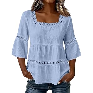 Women's Square Neck Lace Panel 3/4 Bell Sleeve Peplum Blouse Casual Loose Flowy Tunic Shirt
