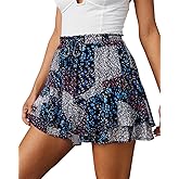Aoudery Boho Skorts for Women Flowy Shorts Printed Casual Ruffle Mini High Waisted Chiffon Tennis Skirts Concert Outfit