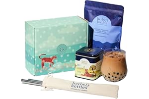 Herbs & Kettles Masala Chai Boba Kit | Assam Black Tea with Ginger, Cardamom, Cinnamon, Cloves & Black Pepper + Chewy Tapioca Pearls | DIY Bubble Tea Kit with Reusable Straws & Easy Instructions