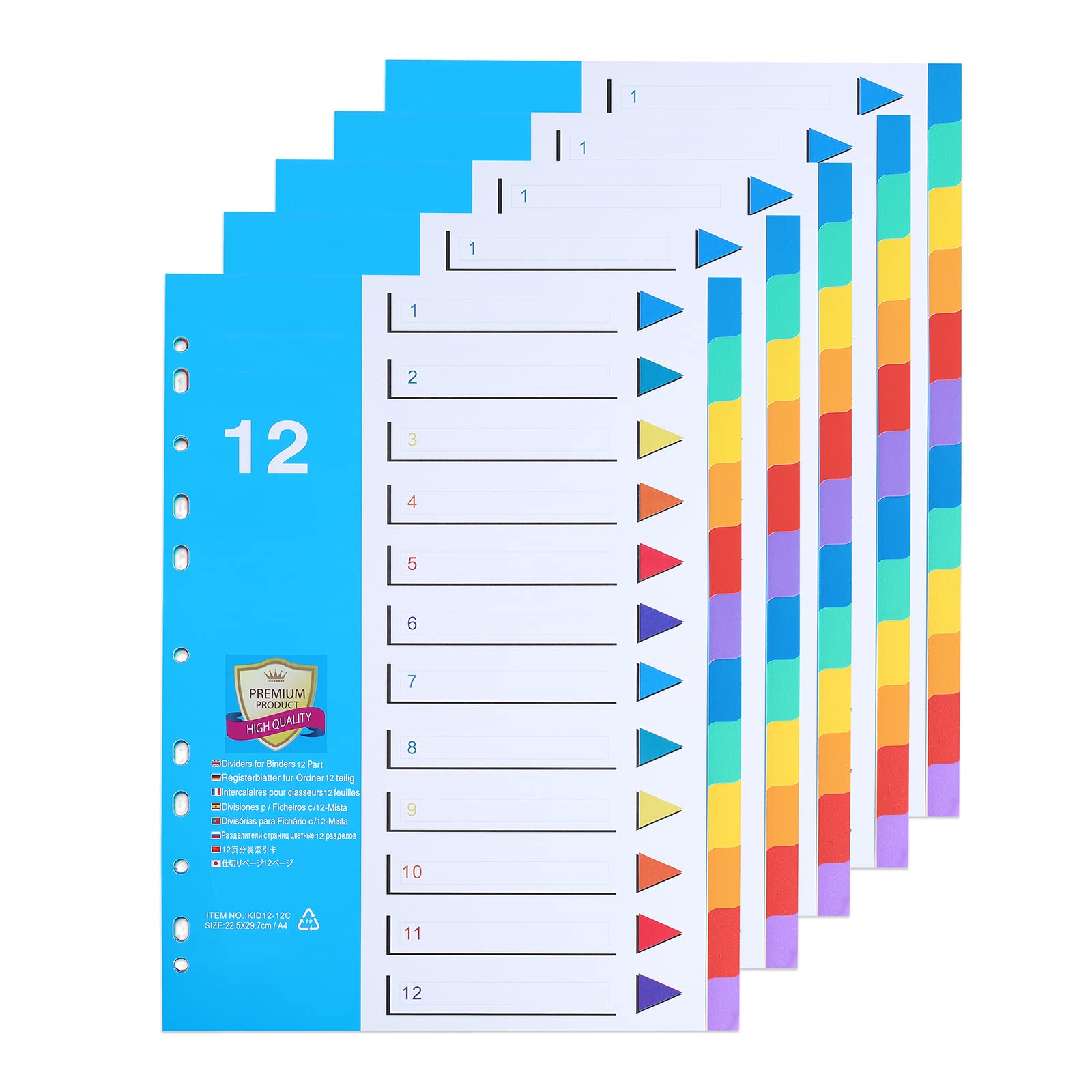 (5 Pack) A4 File Dividers 12 Part Numbered 1-12,Plastic Subject Divider with Numbers Multipunched Reinforced Colour Index Tabs for Home Office