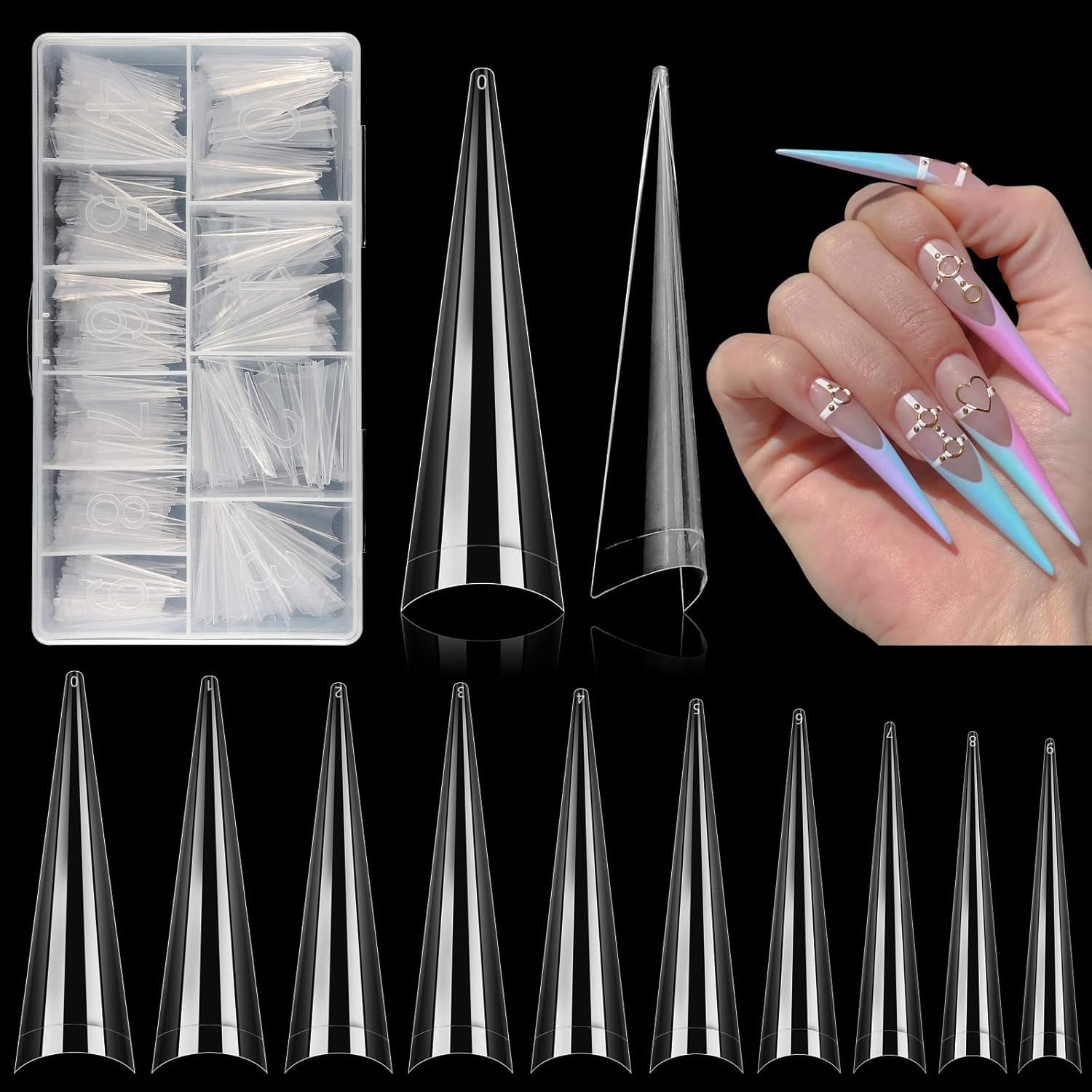500 PCS Stiletto Long Nail Tips: Long Clear False Nails - Half Cover Straight Tapered Nail Art Without C Curve Nail Art, Suitable for DIY and Nail Salon with Box