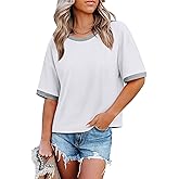 WIHOLL Womens T Shirts Loose Fit Short Half Sleeve Crew Neck Oversized Tshirts Color Block Summer Tops Fashion 2026