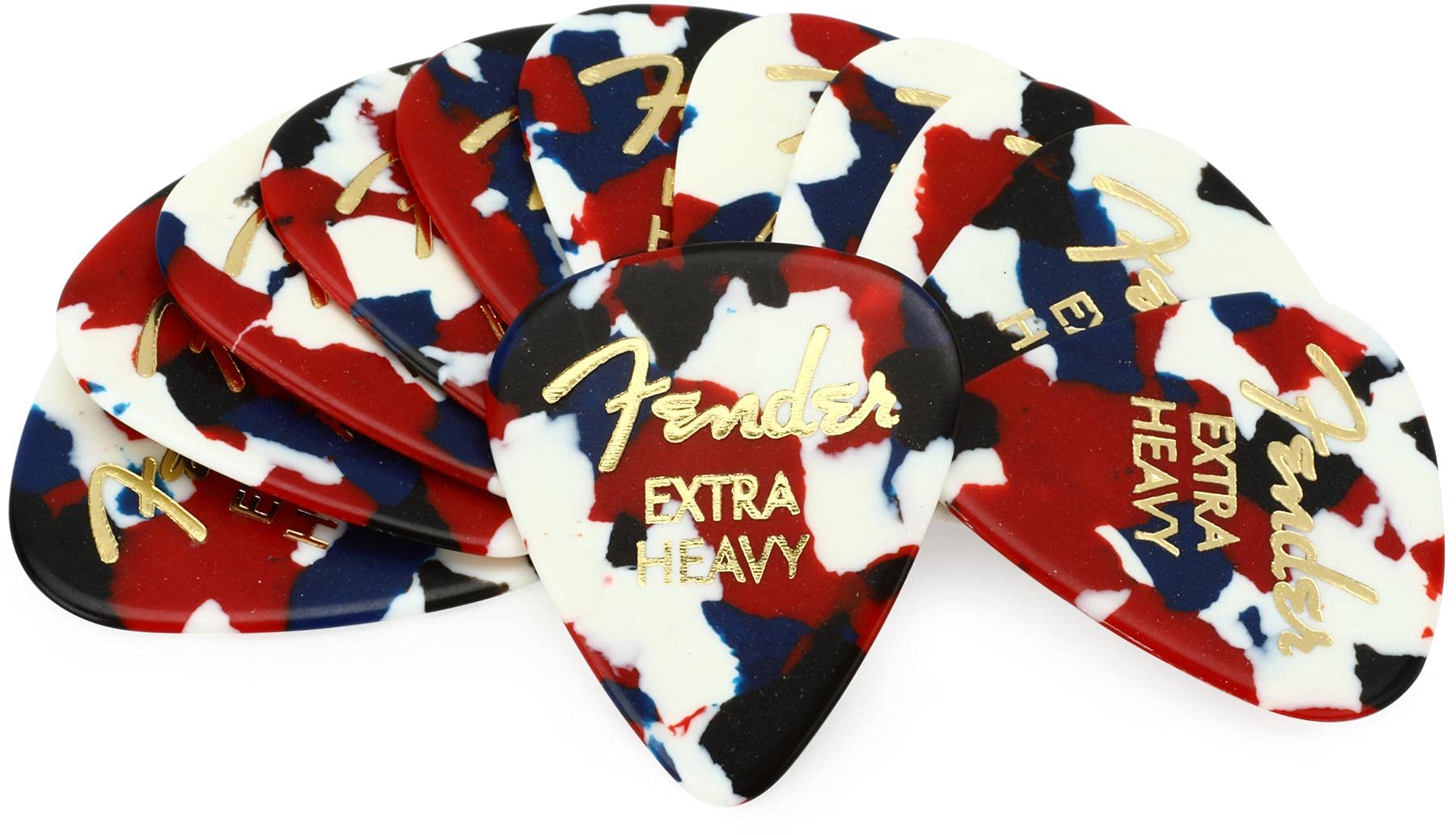 Fender® 351 Shape Classic Picks Confetti Celluloid Plectrums Shape 351 – Pack of 12 – Thickness: Extra Heavy – Colour: Confetti