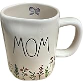 Rae Dunn Mother's Day MOM Coffee Mug, White Floral Base with Purple Butterfly Motif
