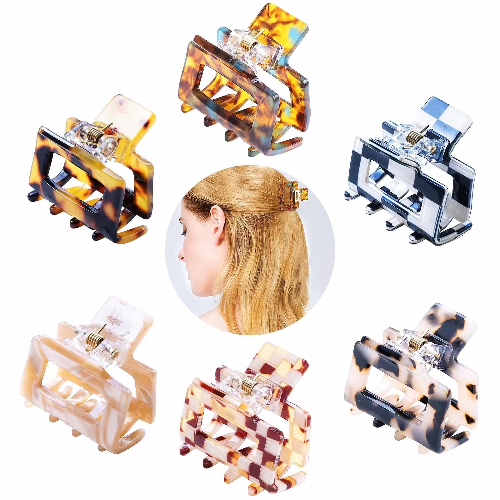 Kavya 6 Pcs Hair Clips for Fine Hair, Small Claw Clips Square Non-Slip Hair Claw, Tortoiseshell Acetate Leopard Mini Hair Claw Clip for Women and Girls-A