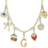 Initial Charm Necklace for Women, Evil Eye Four-Leaf Clover Sun Bow Cherry Strawberry Removable Charms Necklace Paper Clip Chain Choker, Trendy Jewelry Birthday Christmas Gifts for Her (Letter G )