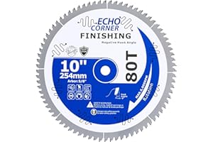 Echo Corner 10 Inch Polished Finishing Sliding Compound/Radial Arm Miter Saw Blade 80-Tooth, (-5°) Negative Hook Angle, 5/8" 