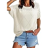 Dokotoo Women's Casual Crew Neck Short Sleeve Sweater Crochet Hollow Out Lightweight Sweaters Tops Fashion Clothing Outfits