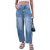GREAIDEA Mid Rise Barrel Jeans for Women Mid Waist Wide Leg Cropped Denim Pants Y2k Baggy Boyfriend Jeans with Pockets
