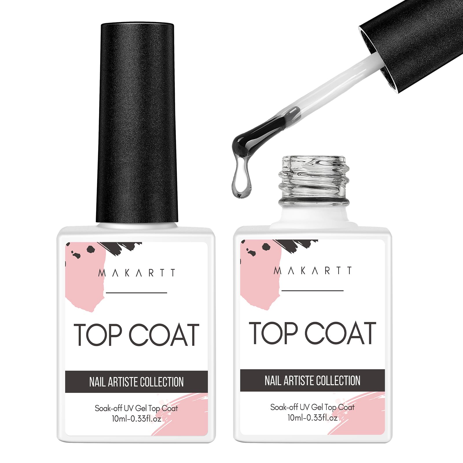 Makartt Gel Nail Polish Top Coat, 2 * 10ml No Wipe Gel Polish Clear Soak Off Nail Coat Glossy Shine Finish for Long Lasting, DIY Nail Salon Manicure Cure Needed