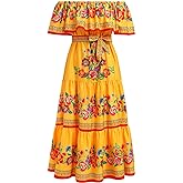 Women Mexican Dress Off Shoulder Floral Long Maxi Dress Summer Beach Party Cinco de Mayo Dresses with Belt
