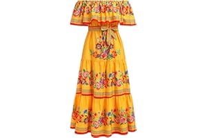 IMEKIS Women Mexican Dress Summer Floral Print Traditional Ethnic Wear Off Shoulder Beach Holiday Party Long Maxi Gowns