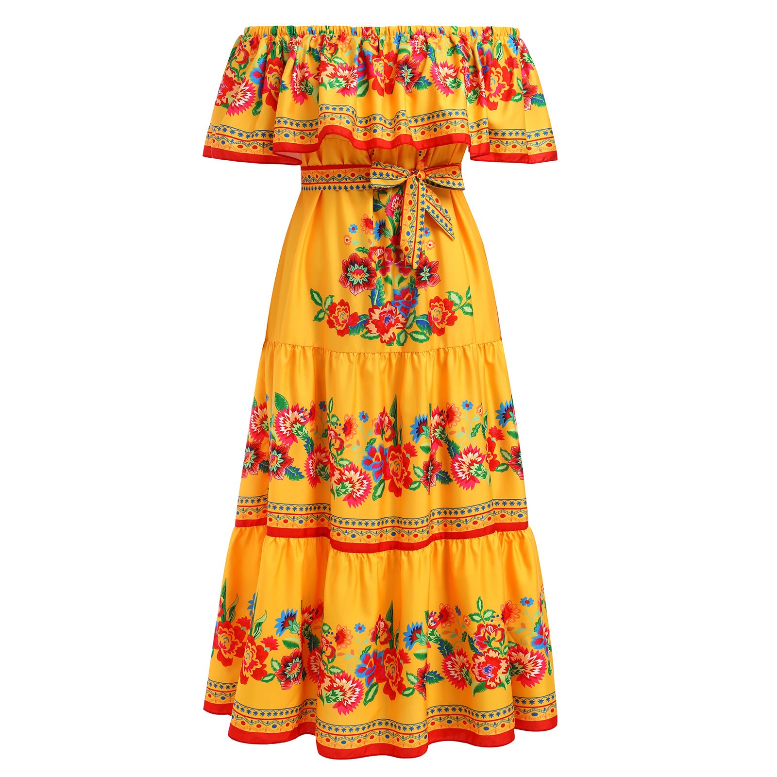 Photo 1 of Women Mexican Dress Off Shoulder Floral Long Maxi Dress Summer Beach Party Cinco de Mayo Dresses Yellow M