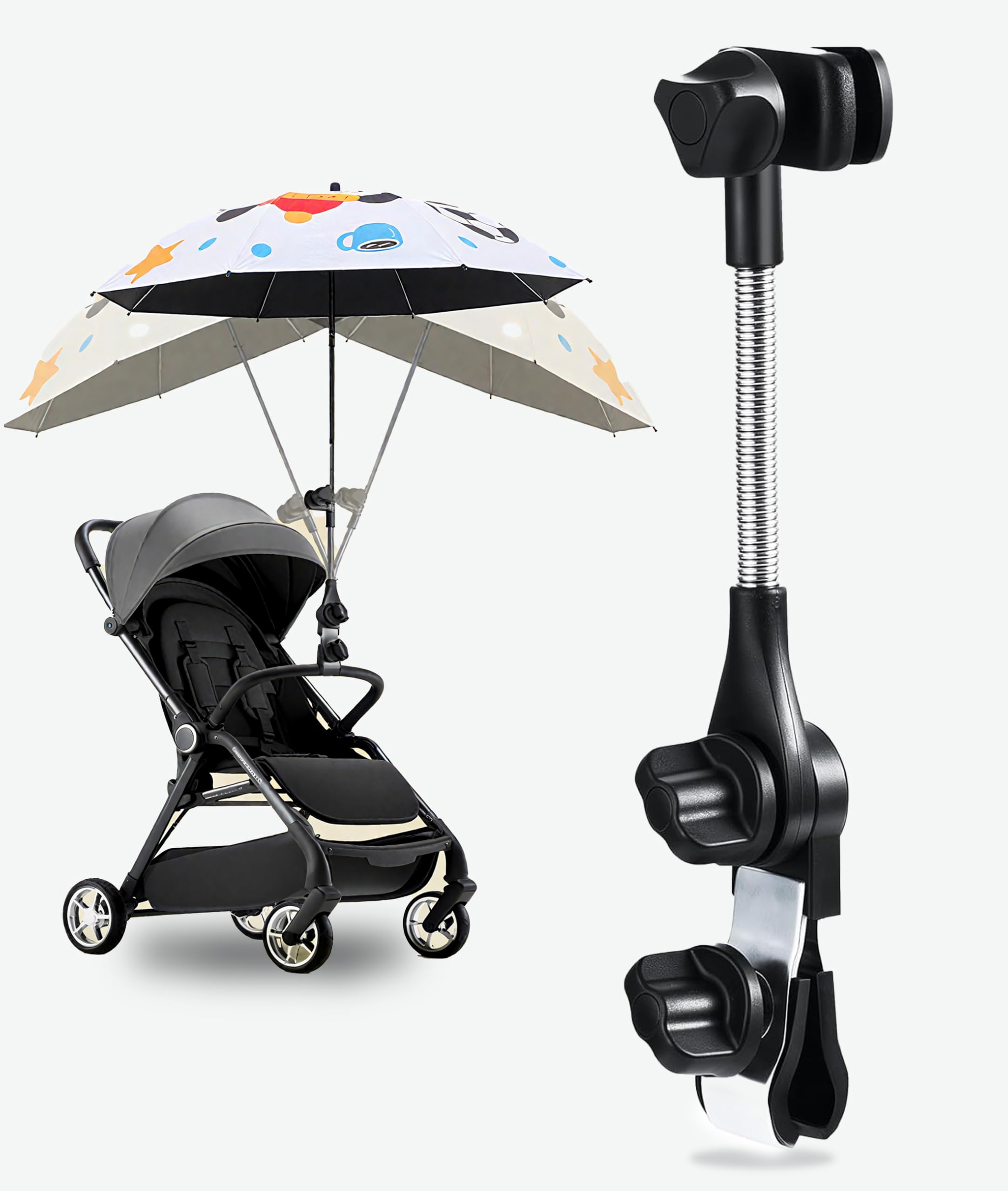 Photo 1 of Universal 360° Adjustable Stroller Umbrella Attachment, Umbrella Holder for Chairs, Bikes & Wheelchairs - Clamp Fits 0.6-1.2in Handles, Beach Camping Gear