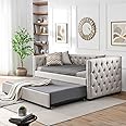 Upholstered Linen Daybed with Trundle - Button-Tufted Twin Size Sofa Frame, No Box Spring Needed, for Bedroom, Living Room, Guest Room (Beige)