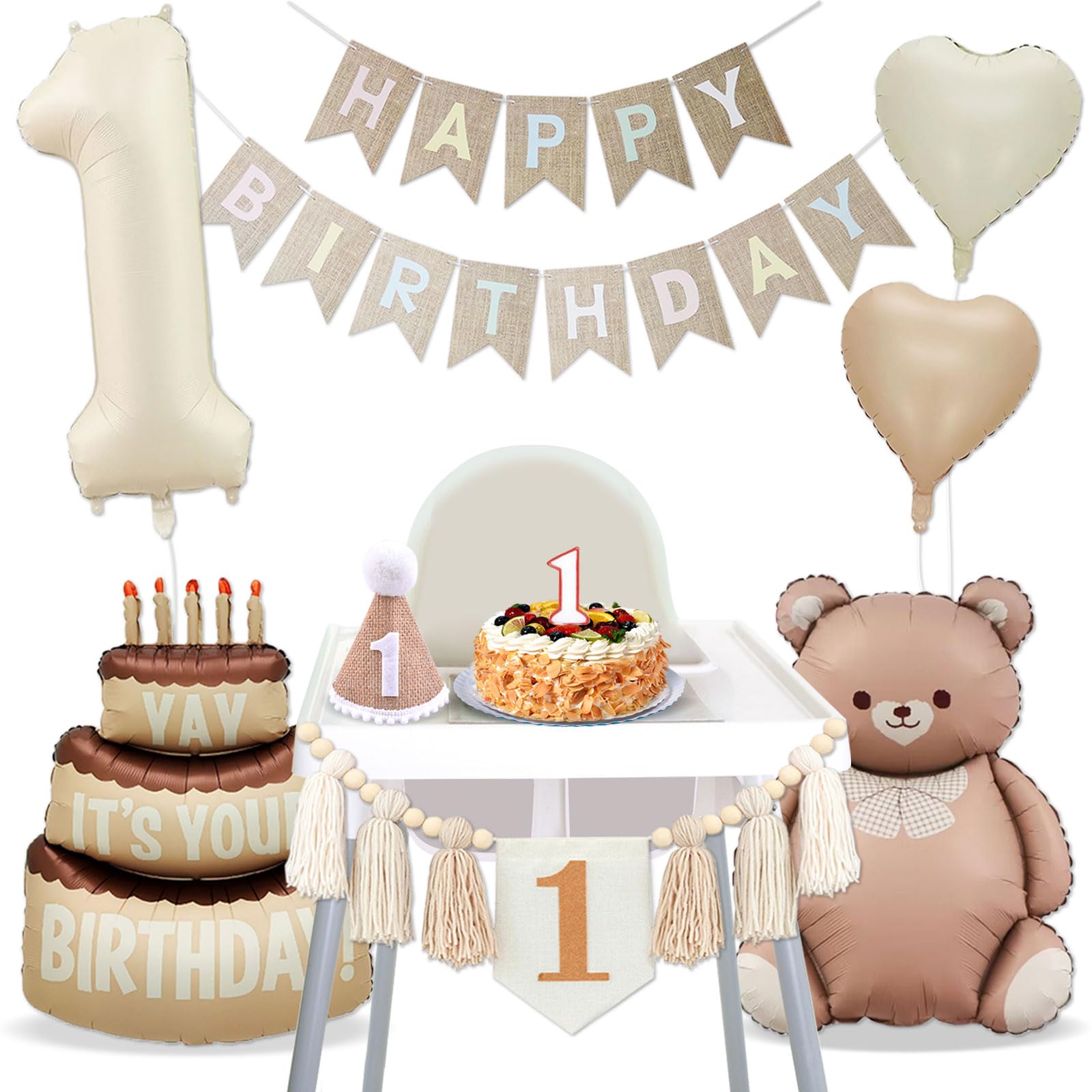 Photo 1 of 1st Birthday Decorations Boho 1st Birthday Highchair Banner for Baby Boy First Birthdays Decoration Handmade Tassel Garland 1st Birthdays Balloons 40 Inch Giant 1 Balloon Bear Balloon Hat Bday Banner