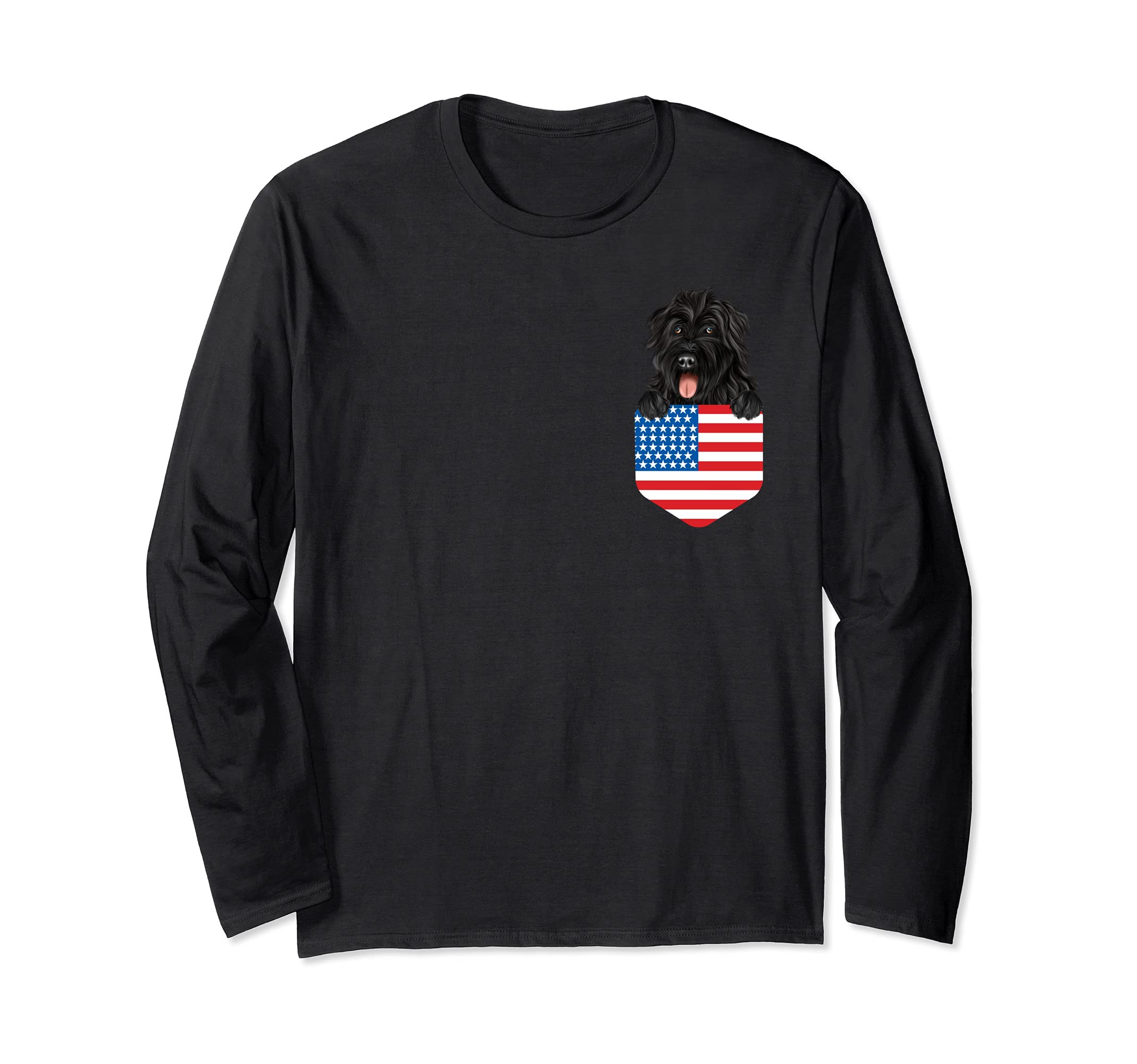America Flag Bouvier des Flandres Dog In Pocket Long Sleeve T-Shirt