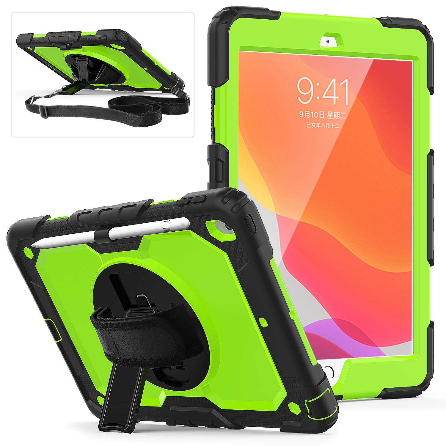 SIBEITU Case Compatible with iPad 9th/8th/7th Generation with Screen Protector Pen Holder, iPad Case 10.2 Inch, Heavy Duty Protection Cover W/Stand Hand Shoulder Strap for iPad A2602 A2197