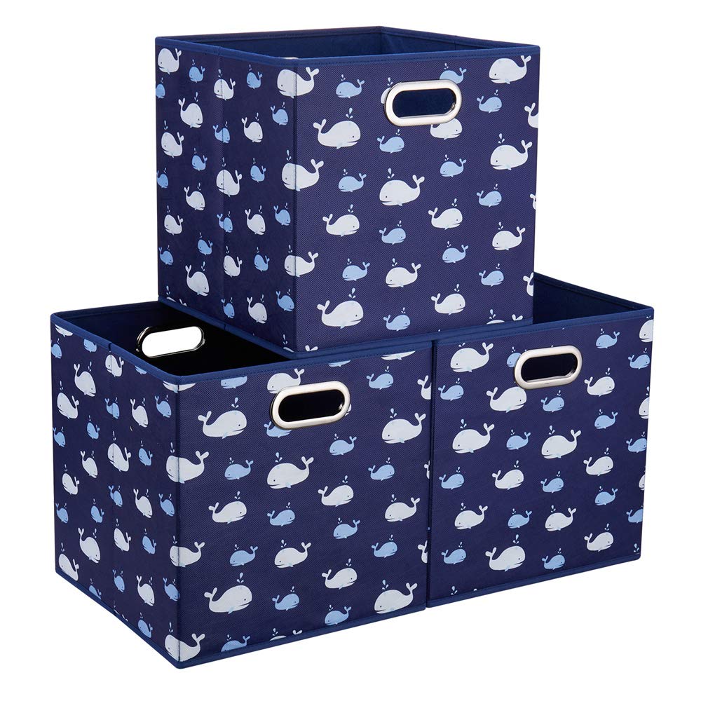 HSDT 3 Cube Storage Bins Blue Navy 10.5x10.5x10.5 Inch Foldable Whale Coastal Print Fabric Half Storage Basketes for Home Organizers Storage Drawer,QY-SC11-3