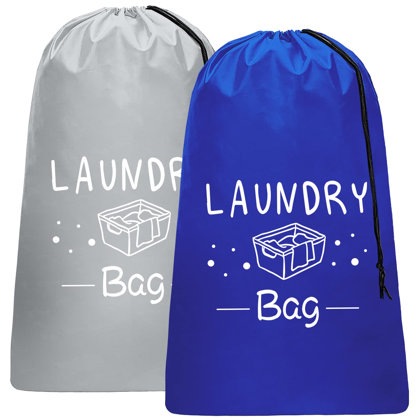 Sylfairy 2 Pack Extra Large Travel Laundry Bag, Dirty Clothes Organizer with Drawstring,Heavy Duty Travel Laundry Bags,Easy Fit a Laundry Hamper Travel Essentials (Navy+Grey, 24" x 36")