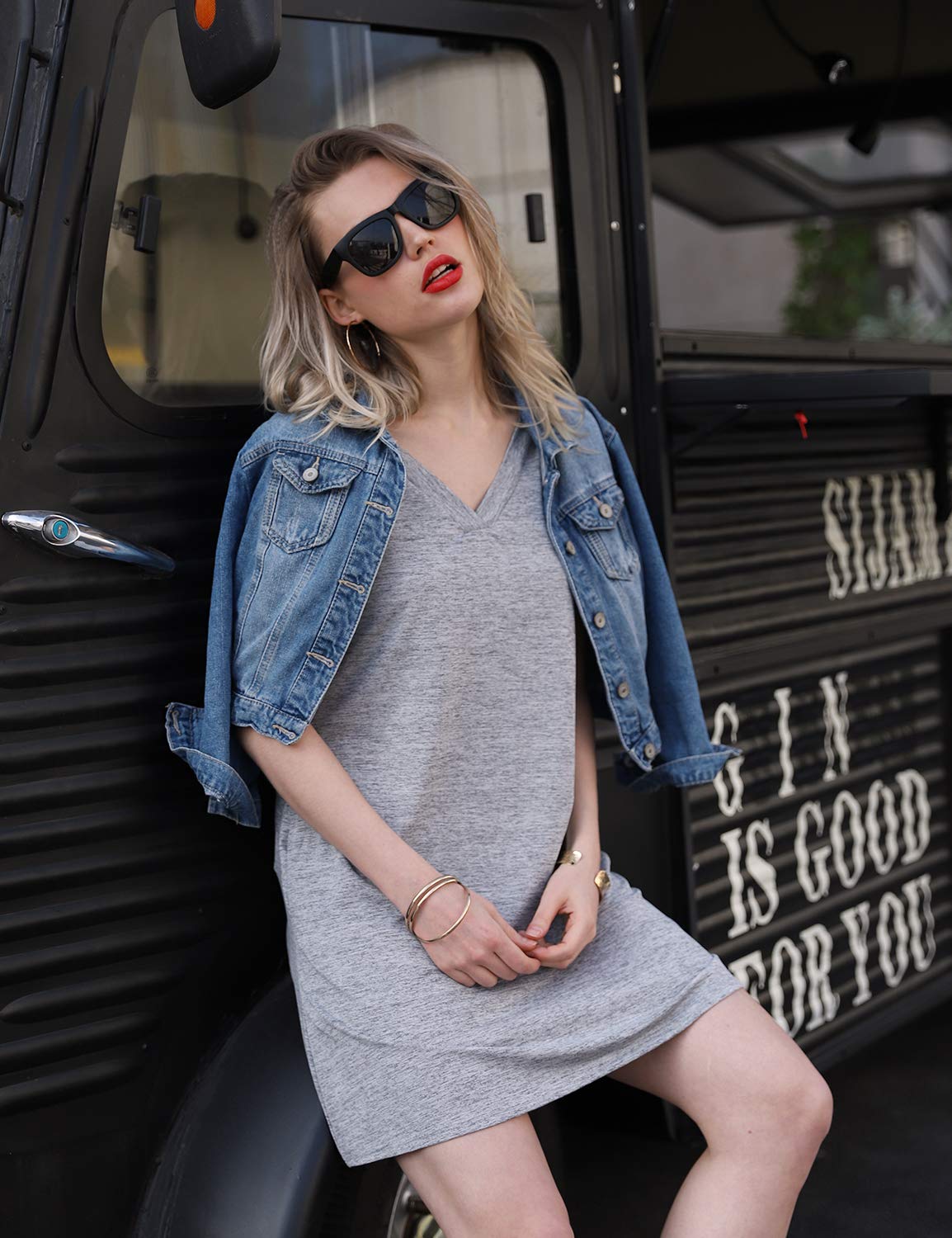 Blooming Jelly Womens Summer T Shirt Dress Mini V Neck Casual Plain Sun Dresses Tunic with Pockets(X-Large, Dark Grey)