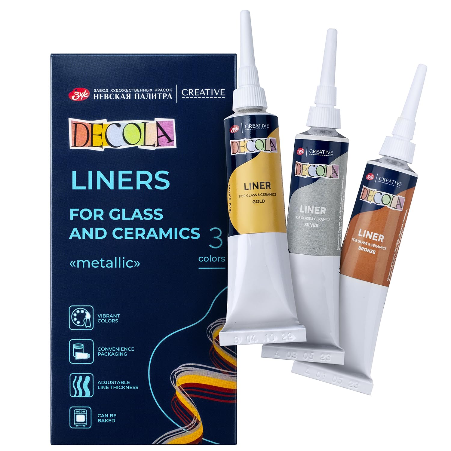 Decola Acrylic Metallic Liners | Water-Based 3 x 18 ml Acrylic-Liners for Porcelain and Glass | Gold, Silver, and Copper | Made by Nevskaya Palitra — image 1