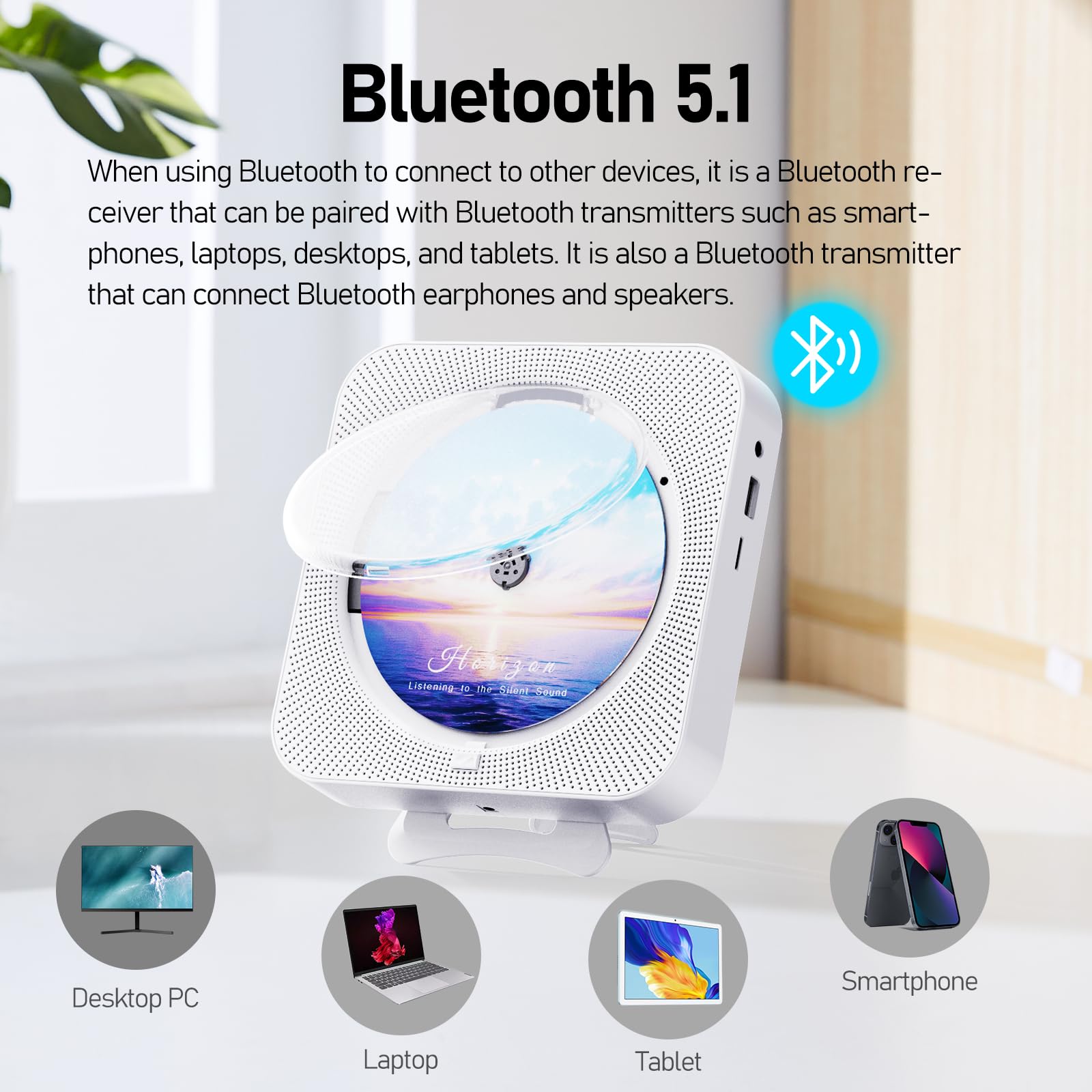 Bluetooth Portable Home CD Music Player with Remote Control, Timer, Built-in Speakers and LED Display - FM Radio Boombox (White)