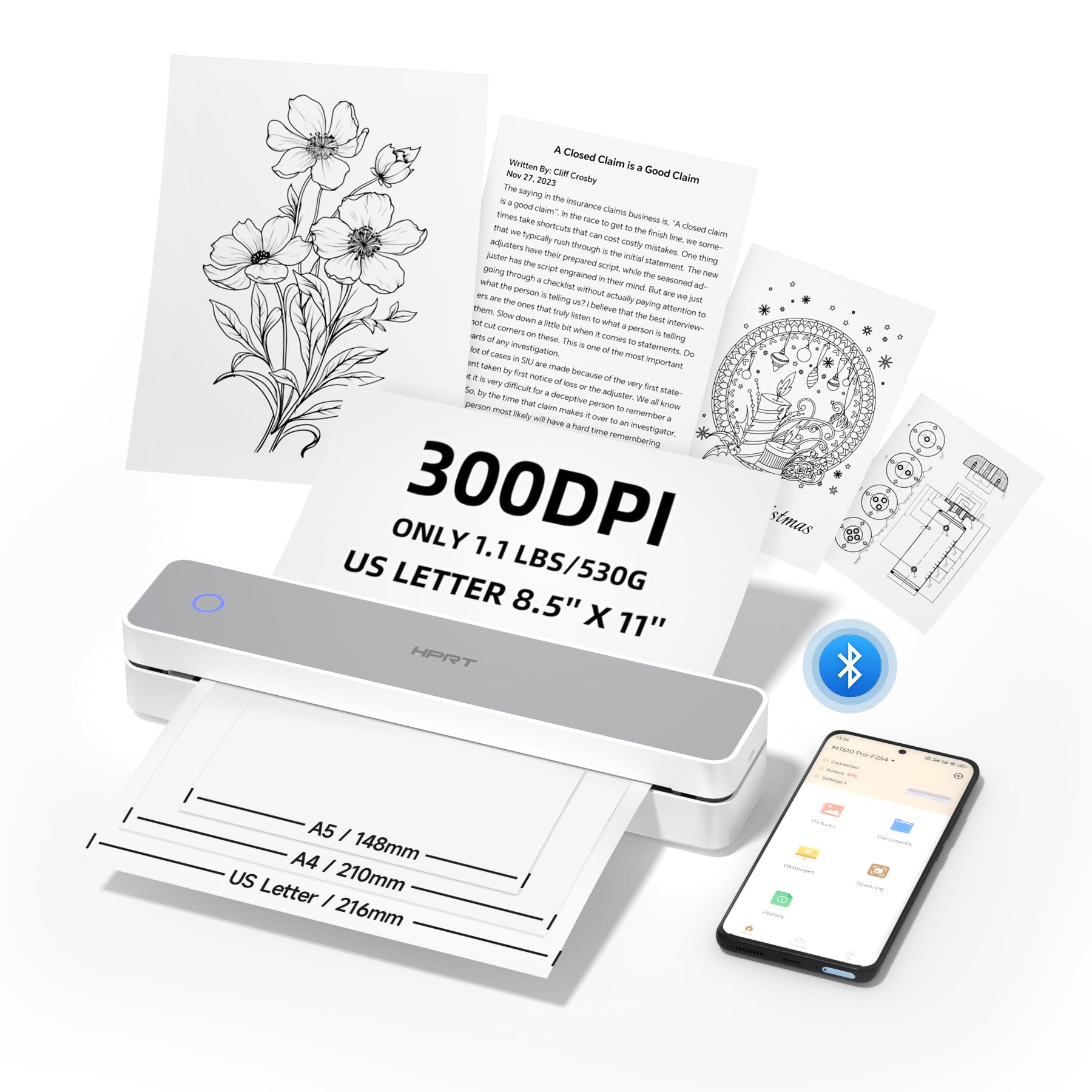 Photo 1 of HPRT Portable Printer Wireless for Travel, Support 8.5x11 US Letter&A4 Thermal Paper, 300 DPI Bluetooth Inkless Thermal Printer, Compatible with Android and iOS Phone & Laptop, (White-Grey)