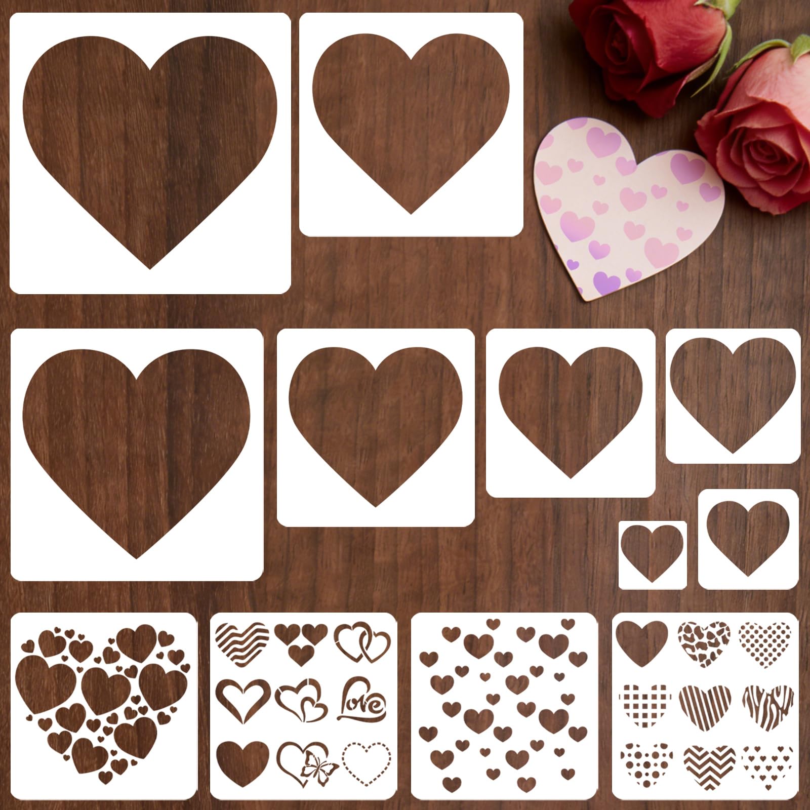 View 1 of 12 PCS Love Heart Stencils for Painting - Different Size Love red Heart Reusable Valentine's Painting Templates on Wood, Glass, Fabric, Window Door Decor DIY Decoration