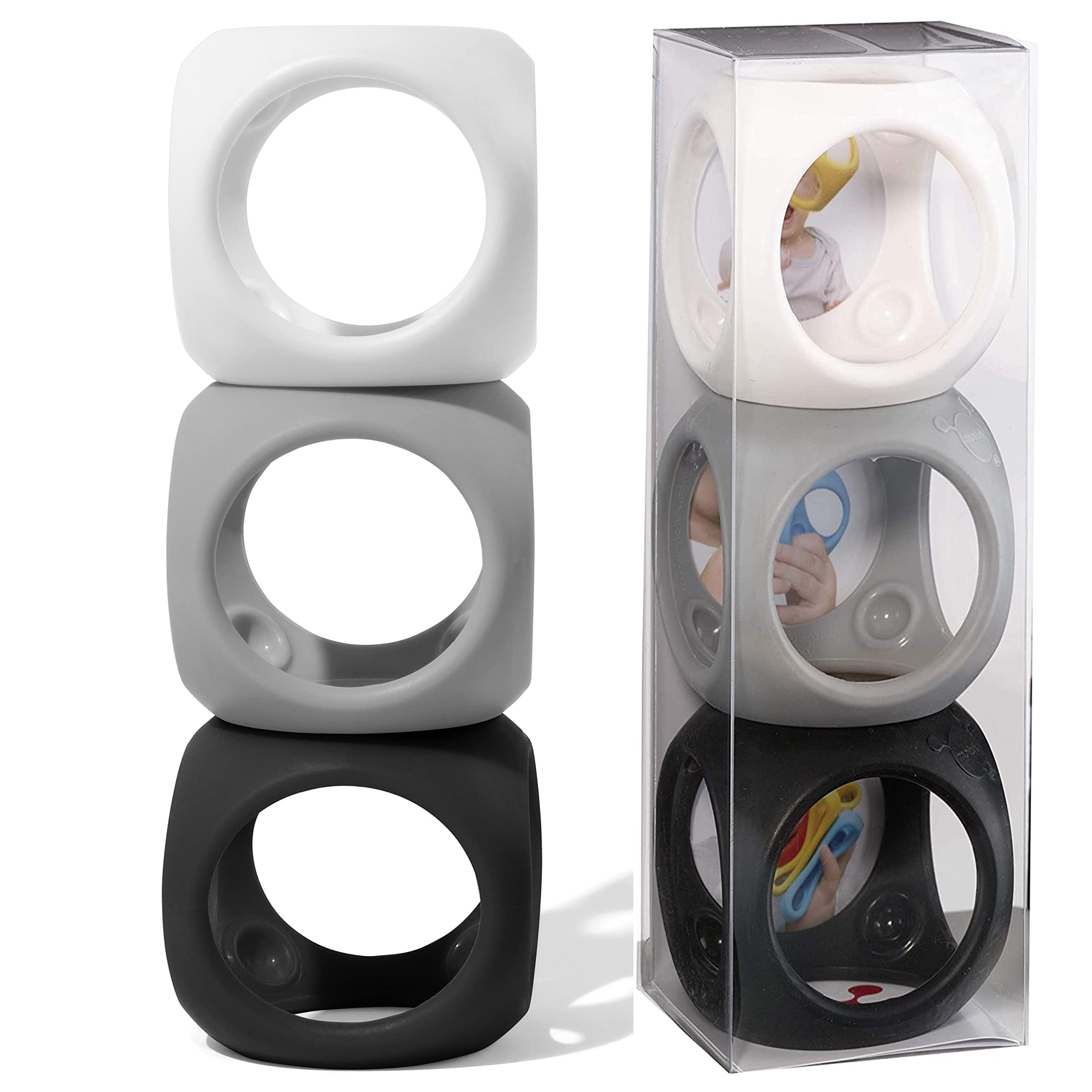 MOLUK Oibo 3-Piece Set - Monochrome | Sensory Stacking Toy, Gripping Ball, and Teether | 100% Silicone Baby Toy for 0+ Months (White, Dark Grey, Black)
