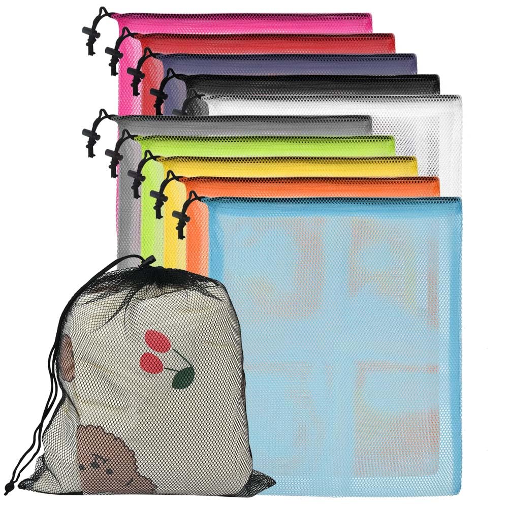 FINZOO Mesh Storage Bags, Nylon Mesh Laundry Bags with Drawstring, Colorful for Sport, Swimming, Beach, Travel, Gym, Camping, 39.5 x 34cm