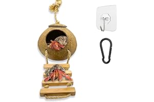Favozio Hermit Crab, Hamster Coconut Cave Hide with Ladder, Reptile & Snake Natural Coco Shell Hut Hideout, Gerbils Mice Small Animals House Pet Cage Habitat Decor, with Sticky Wall & Carabiner Hook