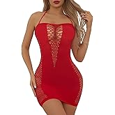 Narcisse Halter Neck Fishnet Bodystocking Lingerie Sexy Mesh Valentines Gift Soft Stretch Babydoll One Size Black Red Purple