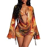 WDIRARA Women's Tie Dye 3 Piece Outfits Draped Mesh Ruched Shorts Set Beach Vacation Outfits