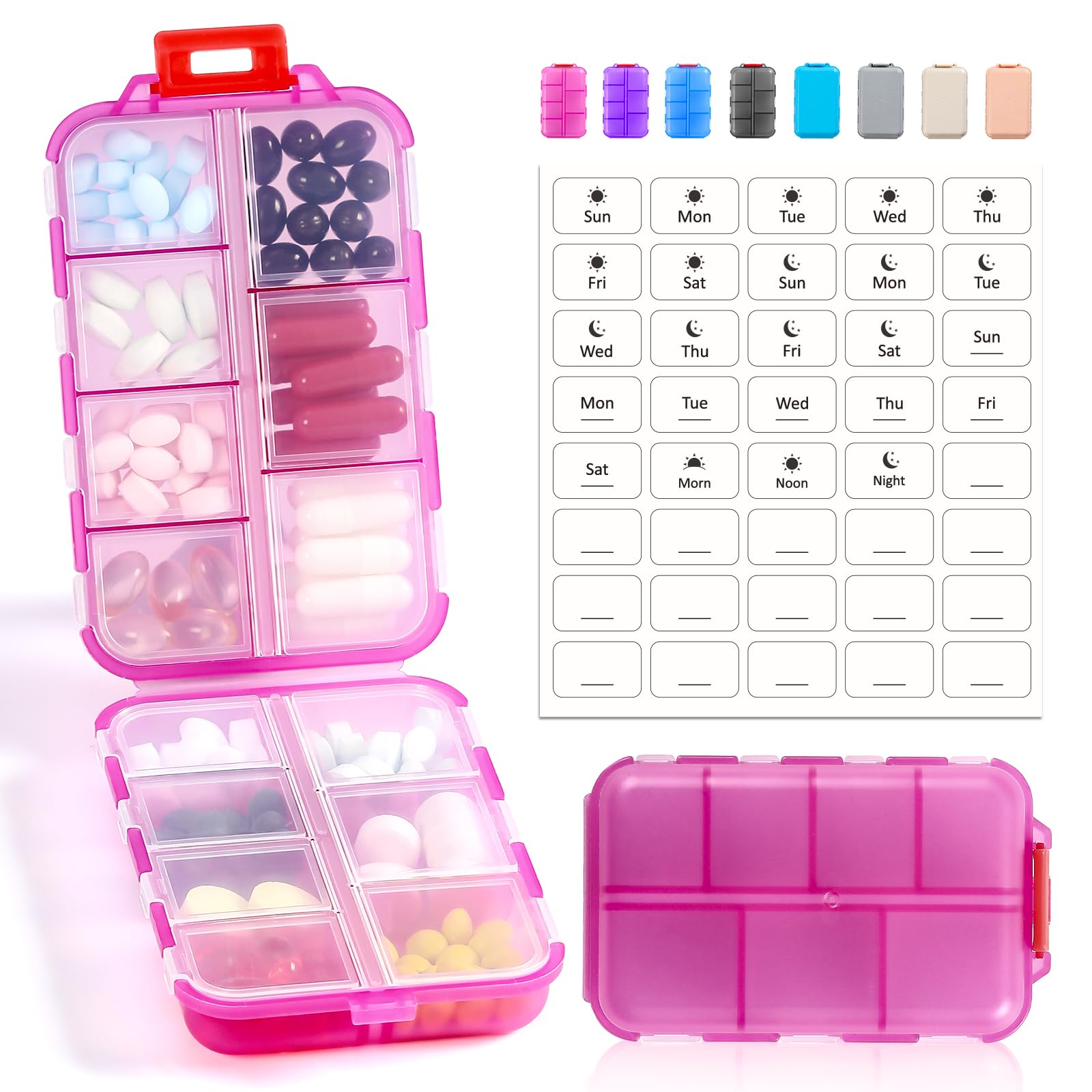 Photo 1 of 14 GRIDS Travel Pill Organizer Box with Labels - Travel Medicine Case Kit - Pocket Daily Pharmacy Container - Travel Medication Holder Dispenser for Fish Oil Vitamin Supplement Storage - Clear Pink