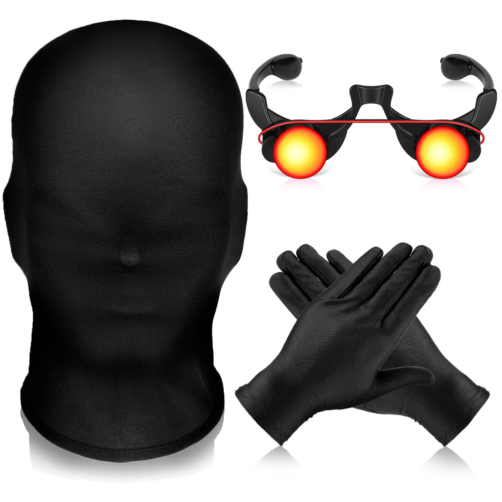 Photo 1 of 3 Pcs Halloween Glowing Grim Reaper Costume Accessories Set Black Full Face Mask Spandex Gloves with Glowing Eyes Glasses for Halloween Adult Masquerade Cosplay