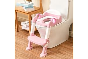 WIIFO Potty Training Toilet Seat with Step Stool Ladder for Boys and Girls Baby Toddler Kid Children Toilet Training Seat Chair with Handles Padded Seat Non-Slip Wide Step(Pink)