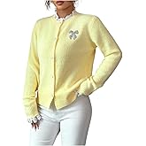 OYOANGLE Women's Button Down Cardigan Sweater Sequin Bow Lace Trim Long Sleeve Sweaters