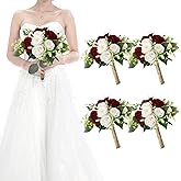 HOMENERGY Set of 4 Bridesmaid Bouquets for Wedding - 7 Inch Artificial Wedding Flower Bouquet for Party Ceremony Anniversary Dinning Table Centerpieces Decor - Burgundy & White
