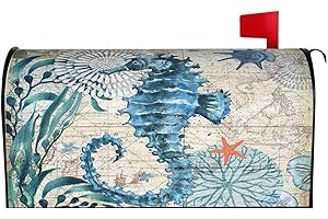 Abucaky Vintage Nautical Seahorse Mailbox Cover Magnetic Ocean Seashell Starfish Waterproof Mailbox Wraps Post Letter Box Decor 21x18 in