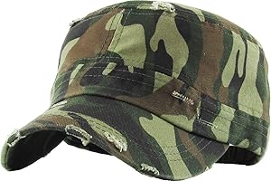 Funky Junque Distressed Cotton Military Cadet Hat – Women’s Adjustable Short Brim Baseball Cap, Army Conductor Newsboy Hats
